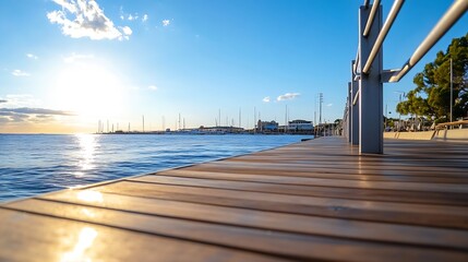 Poster - Scenic View of a Waterfront Boardwalk Surrounded by Calm Waters and a Beautiful Sunset : Generative AI