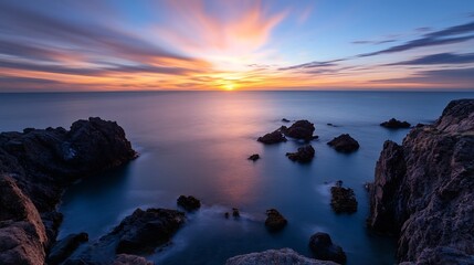 Poster - Stunning Sunset Over Calm Ocean Waters with Rocky Outcrops and Colorful Skies : Generative AI