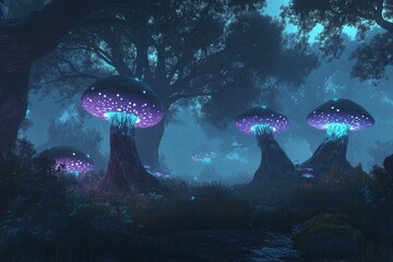 Poster - A cluster of vibrant purple mushrooms growing on the forest floor surrounded by lush green foliage