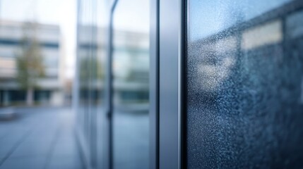 Poster - Modern office building with water droplets on glass surface reflecting the sky : Generative AI