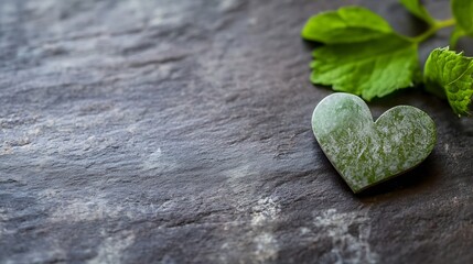 Fototapete - Beautiful heart shaped green stone with fresh mint leaves on natural stone background for home decor and wellness imagery : Generative AI