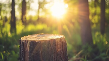 Aufkleber - Sun shining through trees onto a freshly cut tree stump in a lush green forest symbolizing nature's beauty and serenity : Generative AI