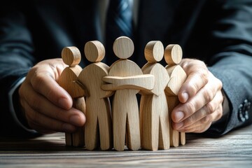 Poster - A businessman holds a collection of wooden figures, great for representing a team or concept