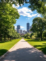 Poster - Beautiful park pathway leading through lush greenery and vibrant city skyline : Generative AI