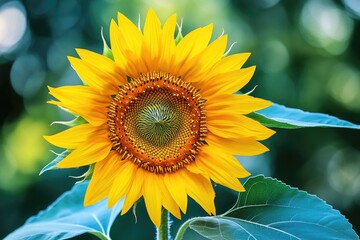 Poster - A bright and cheerful yellow sunflower with lush green leaves basking in the warm sunlight