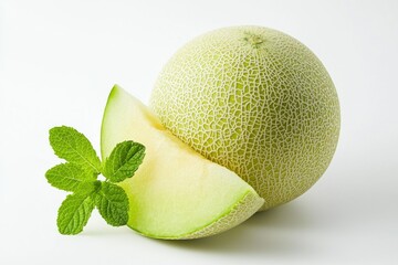 Aufkleber - Refreshing cantaloupe elegance with mint on white backdrop capturing summer freshness and healthy sweet treat