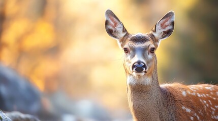 Poster - Graceful young deer in a vibrant forest setting with soft bokeh background highlights : Generative AI
