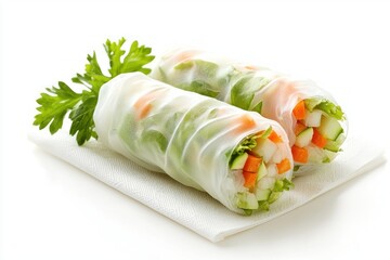 Poster - Fresh spring rolls on pristine white napkin vibrant healthy snack for mindful eating lifestyle