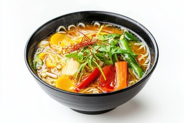 Poster - Appetizing vegetable ramen with fresh ingredients in a black bowl on clean white surface tasty cuisine vegetarian delight