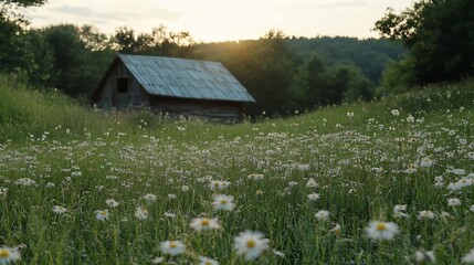 Aufkleber - Serene countryside landscape featuring a rustic cabin surrounded by blooming daisies and green grass at sunset : Generative AI