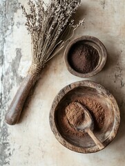 Poster - Natural Herbs and Spices in Rustic Wooden Bowls with Dried Lavender on a Textured Background : Generative AI
