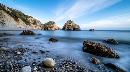 Poster - Serene coastal landscape capturing the beauty of rocky shores and gentle waves beneath a clear sky showcasing nature's tranquility : Generative AI