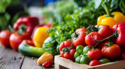 Poster - Fresh organic vegetables including bright red tomatoes and colorful peppers on a wooden table : Generative AI