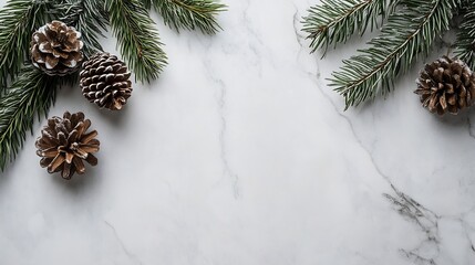 Aufkleber - Beautiful winter composition featuring pine cones and evergreen branches on a marble background : Generative AI