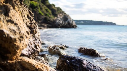 Fototapete - Serene rocky coastline with tranquil waves gently lapping the shore under a bright blue sky : Generative AI