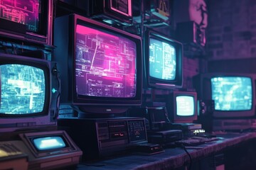 Poster - A collection of TVs placed on a table, possibly for display or use