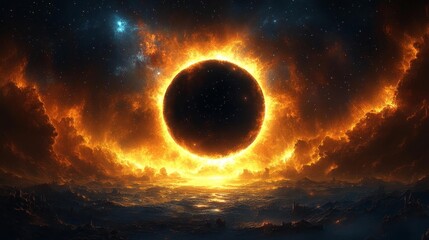 Wall Mural - Vibrant Solar Eclipse with Dynamic Cloud and Cosmic Elements. Generative AI