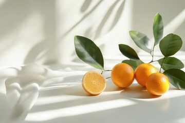 Poster - Vibrant Studio Still Life with Fresh Oranges and Green Leaves on Soft White Fabric and Gentle Light