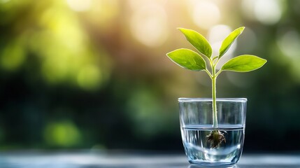 Fototapete - A tiny green plant growing in a clear glass full of water illuminated by bright natural light in a serene environment : Generative AI