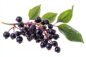 Poster - Captivating elderberry branch with luscious fruit glistening with water drops against a pristine white canvas