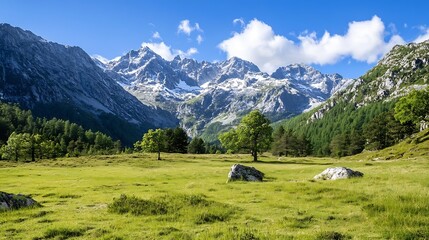 Poster - Breathtaking Alpine Landscape with Majestic Mountains and Vibrant Greenery Under a Clear Blue Sky : Generative AI