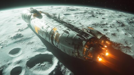 Wall Mural - Spaceship Flying Over the Moon with Engines Firing. Generative AI
