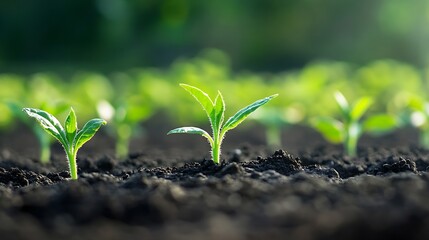 Poster - Close up of young green seedlings growing in rich dark soil under sunlight : Generative AI
