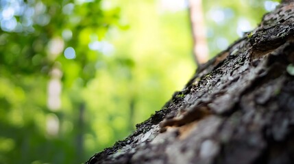 Poster - Closeup of a tree trunk in a lush forest highlighting the natural textures and fresh greenery of the environment : Generative AI