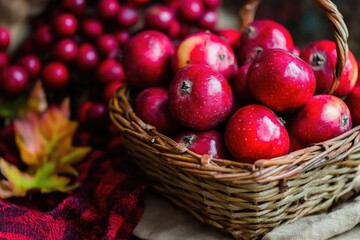 Poster - A basket filled with red apples sits on a table, ready to be enjoyed