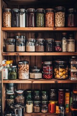 Aufkleber - Wooden shelf stocked with various types of food for storage and display