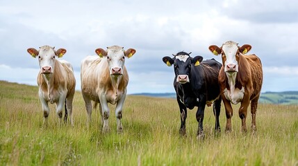 Poster - Four cows standing together in a lush green field under a cloudy blue sky displaying farm life : Generative AI