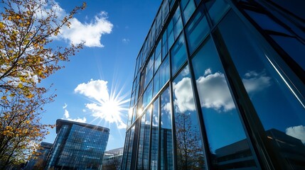Aufkleber - Modern Glass Buildings Reflecting Bright Blue Sky with Fluffy Clouds in a Clear Day Showcasing Architecture : Generative AI