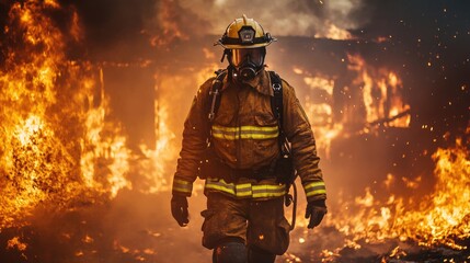 Poster - A firefighter exiting the scene of a burning house