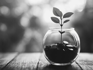 Poster - A glass jar filled with coins and a small plant growing out of the money