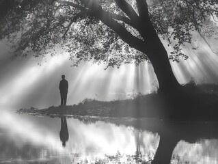 Poster - A person standing near a tree on the shore of a calm lake, great for outdoor or nature-themed projects