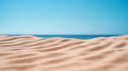 Fototapete - Warm sandy beach with gentle waves meeting the horizon under a clear blue sky : Generative AI