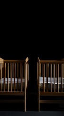 Poster - Two wooden cribs sit adjacent, ready for use
