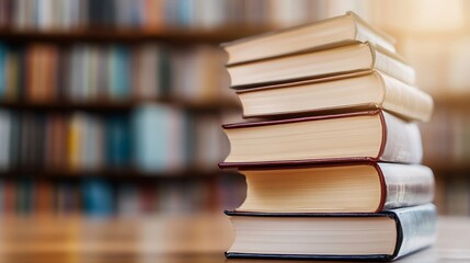 Poster - Stack of thick wellworn books displayed on a wooden table in a cozy library setting representing knowledge and education : Generative AI