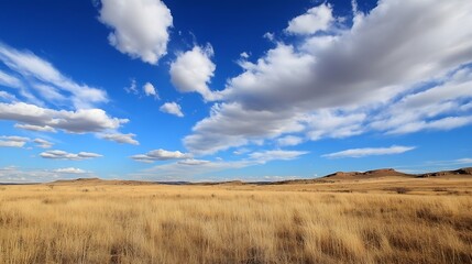 Poster - Expansive Prairie Landscape Under a Bright Blue Sky and Fluffy Clouds : Generative AI