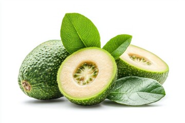 Poster - Close up vibrant image of fresh green avocados and leaves artistic studio shot on bright background