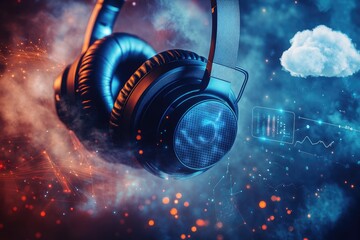Aufkleber - A pair of headphones surrounded by a cloudy background