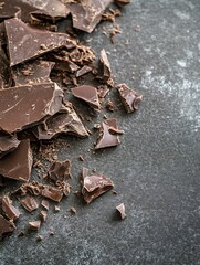 Aufkleber - Smashed dark chocolate pieces scattered over a textured surface for playful gourmet presentation : Generative AI