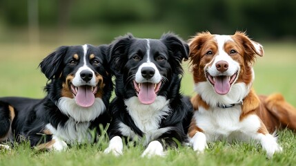 Poster - Three happy dogs relaxing together on the grass enjoying a sunny day outdoors : Generative AI