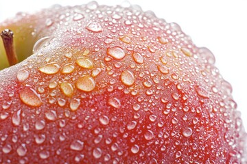 Poster - Radiant apple close up showing vibrant red color and glistening water droplets against a bright white background