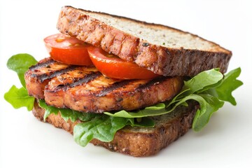 Aufkleber - Grilled seitan sandwich on rustic bread with arugula and tomato in bright appetizing food photography