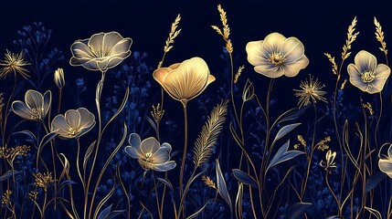 gold floral illustration on dark blue background, elegant floral illustration with gold flowers on a