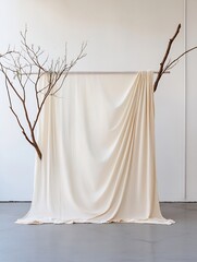 Poster - Elegant fabric backdrop draped gracefully with natural branches creating a serene artistic display : Generative AI