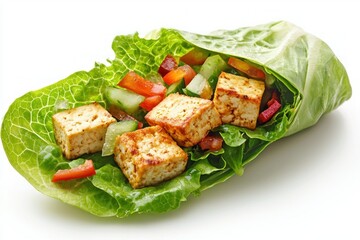 Aufkleber - Savory Tofu Salad Wrap Green Leafy Lettuce Fresh Cucumber and Juicy Red Pepper Vegetarian Cuisine Healthy Food