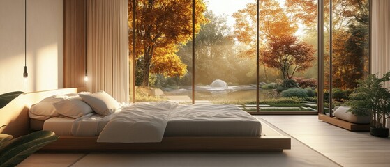 Poster - A bed sits next to a window in a cozy bedroom