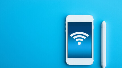 Poster - Connected World: A smartphone displaying a Wi-Fi symbol next to a stylus pen, set against a vibrant blue backdrop, symbolizing seamless digital connectivity.